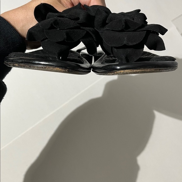 Manolo Blahnik Black Leather Suede Flower Slides Sandals sz 38.5 Made in Italy - Picture 7 of 11